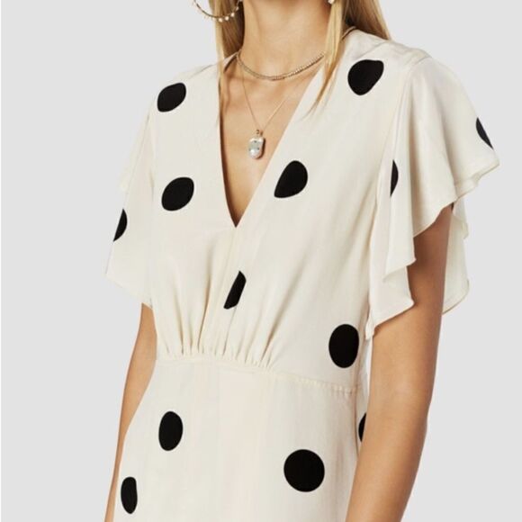 10 Crosby Derek Lam Ivory & Black Polka Dot V Neck Ruffle Sleeve Dress - Picture 2 of 10